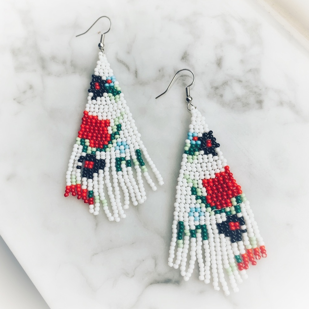 White Floral Seed Bead Tassel Loom Woven Beaded Fringe Earrings